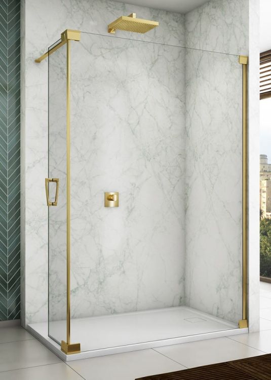 Kabina prysznicowa walk-in 100x44x200 cm z elementem ruchomym Sanswiss Cadura Gold Line CADUOG1001207 złoty