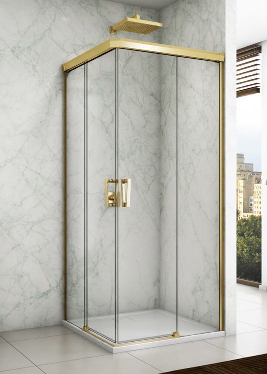 Złota kabina prysznicowa 75x75x200 cm z drzwiami rozsuwanymi z elementem stałym i wejściem narożnym Sanswiss Cadura Gold Line CAE2G+CAE2D złoty