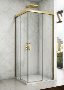 Złota kabina prysznicowa 90x90x200 cm z drzwiami rozsuwanymi z elementem stałym i wejściem narożnym Sanswiss Cadura Gold Line CAE2G+CAE2D złoty