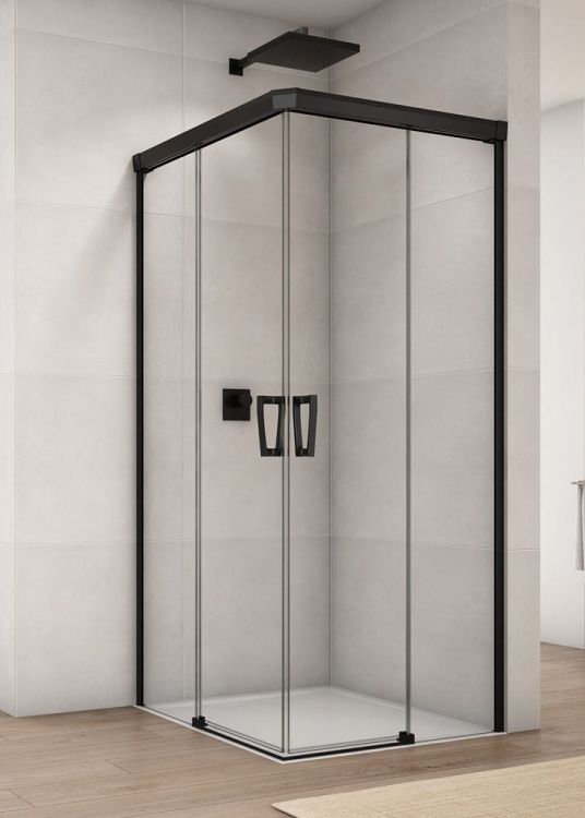 Czarna kabina prysznicowa 100x100x200 c z drzwiami rozsuwanymi z elementem stałym i wejściem narożnym Sanswiss Cadura Black Line CAE2G+CAE2D czarny mat