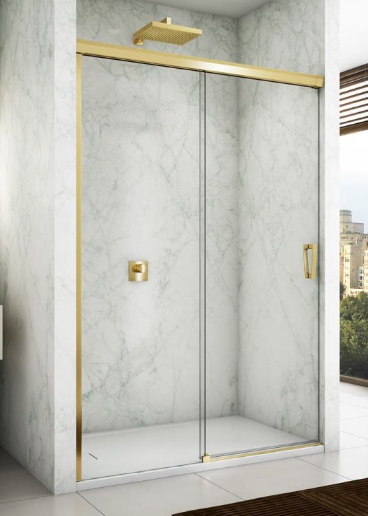 Złote matowe drzwi prysznicowe 100x200 cm rozsuwane dwuczęściowe Sanswiss Cadura Gold Line CAS2G1001207 złoty