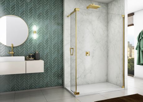 Przejdź do produktu Złota kabina prysznicowa walk-in 140x44x200 cm z elementem ruchomym Sanswiss Cadura Gold Line CADUOG1401207 złoty