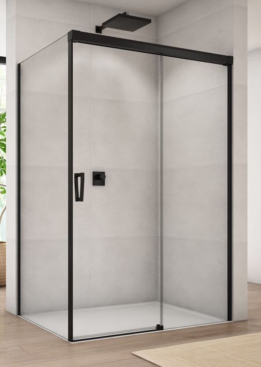 Czarna kabina prysznicowa 110x90x200 cm z drzwiami rozsuwanymi z elementem stałym Sanswiss Cadura Black Line CAS2G1100607+CAST0900607 czarny mat