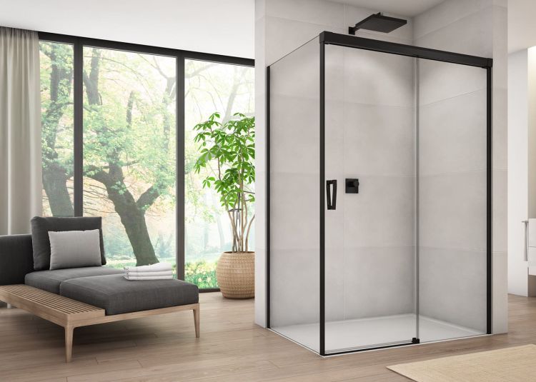 Czarna kabina prysznicowa 160x75x200 cm z drzwiami rozsuwanymi z elementem stałym Sanswiss Cadura Black Line CAS2D1600607+CAST0750607 czarny mat