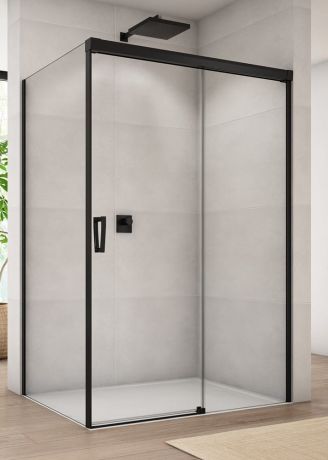 Przejdź do produktu Czarna kabina prysznicowa 180x110x200 cm z drzwiami rozsuwanymi z elementem stałym Sanswiss Cadura Black Line CAS2D1800607+CAST1100607 czarny mat