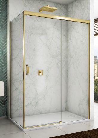 Przejdź do produktu Złota kabina prysznicowa prostokątna 180x100x200 cm z drzwiami rozsuwanymi z elementem stałym Sanswiss Cadura Gold Line CAS2D1801207+CAST1001207 złoty
