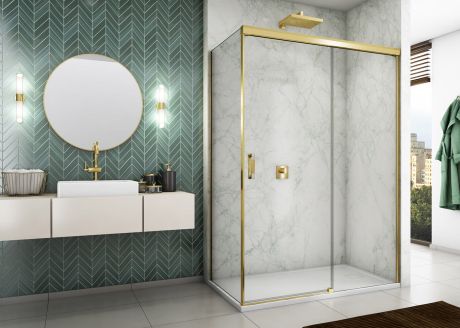 Przejdź do produktu Złota kabina prysznicowa prostokątna 180x120x200 cm z drzwiami rozsuwanymi z elementem stałym Sanswiss Cadura Gold Line CAS2D1801207+CAST1201207 złoty