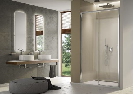 Przejdź do produktu Drzwi prysznicowe jednoczęściowe 100 cm ze ścianką stałą w linii SanSwiss Top-Line S TLS2