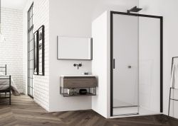 Drzwi prysznicowe 160 cm rozsuwane w czarnych ramach ze ścianką stałą w linii po prawej stronie SanSwiss Top Line S TLS2D1600607