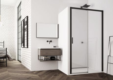 Przejdź do produktu Drzwi prysznicowe 160 cm rozsuwane w czarnych ramach ze ścianką stałą w linii po prawej stronie SanSwiss  Top Line S TLS2D1600607