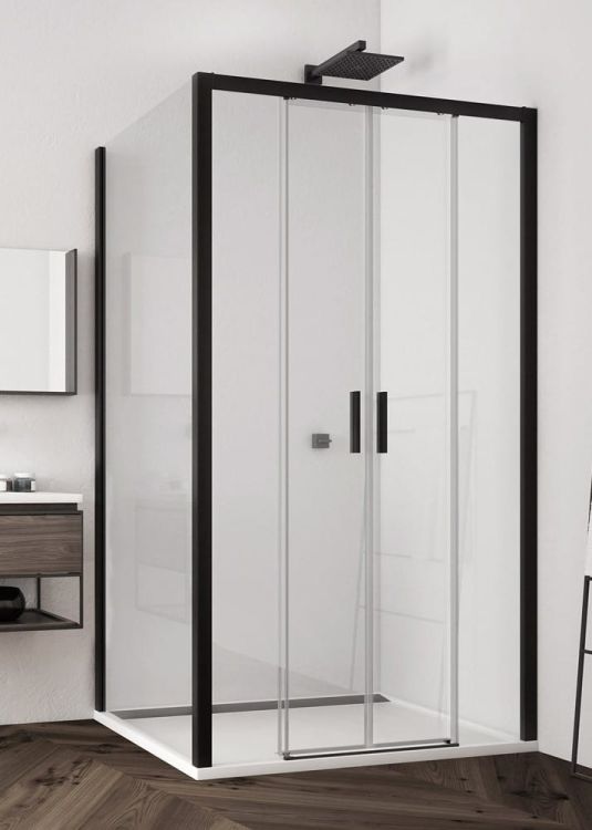 Kabina prysznicowa 140x100 cm z drzwiami dwuczęściowymi przesuwanymi i czarnymi profilami SanSwiss Top Line S TLS41400607+TOPF21000607