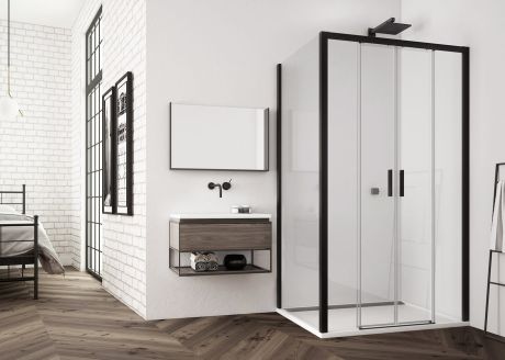 Przejdź do produktu Kabina natryskowa 160x80 cm z drzwiami dwuczęściowymi przesuwnymi i czarnymi profilami SanSwiss  Top Line S TLS41600607+TOPF20800607