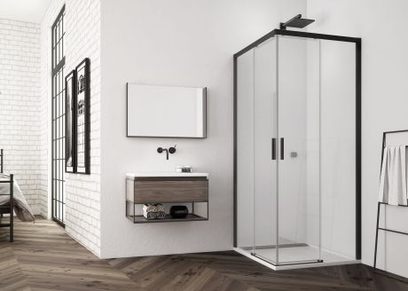Przejdź do produktu Kabina prysznicowa 80x90 cm z wejściem narożnym i czarnymi ramami  SanSwiss Top Line S TLS0800607+TLS0900607