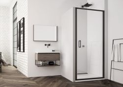 Czarne drzwi wnękowe prysznicowe jednoczęściowe 75 cm z czarnymi profilami SanSwiss Top Line S Black Line TLSP0750607 czarny mat