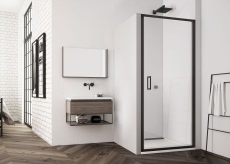 Przejdź do produktu Czarne drzwi wnękowe prysznicowe jednoczęściowe 90 cm z czarnymi profilami SanSwiss Top Line S Black Line TLSP0900607 czarny mat
