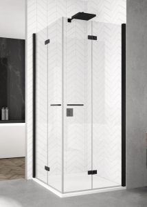 Kabina prysznicowa narożna 90x90 cm otwierana na dwie strony z drzwiami składanymi i czarnymi profilami SanSwiss Black Line Solino F SOLF1D09000607+SOLF1G09000607