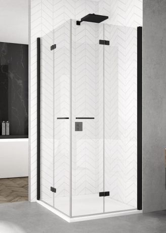 Przejdź do produktu Kabina prysznicowa narożna 90x90 cm otwierana na dwie strony z drzwiami składanymi i czarnymi profilami SanSwiss Black Line Solino F SOLF1D09000607+SOLF1G09000607