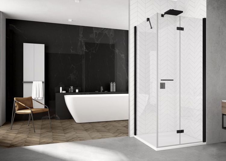 Kabina prysznicowa 75x75 cm ze składanymi drzwiami i czarnymi profilami SanSwiss Black Line Solino F SOLF107500607+SOLT107500607