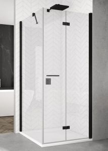 Kabina prysznicowa kwadratowa 90x90 cm ze składanymi drzwiamiw stylu Loft SanSwiss Black Line Solino F SOLF109000607+SOLT109000607