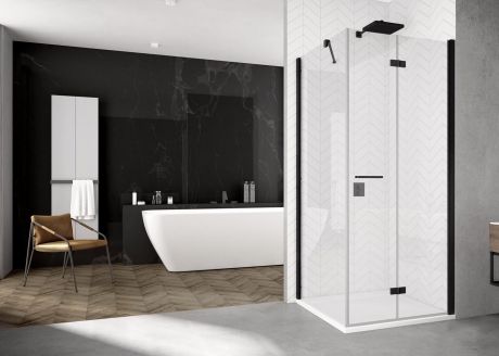 Przejdź do produktu Kabina prysznicowa kwadratowa 90x90 cm ze składanymi drzwiamiw stylu Loft SanSwiss Black Line Solino F SOLF109000607+SOLT109000607