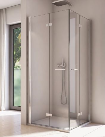Przejdź do produktu Kabina prysznicowa narożna 75x75 cm otwierana na dwie strony z drzwiami składanymi SanSwiss Solino SOLF1D0755007+SOLF1G0755007 chrom