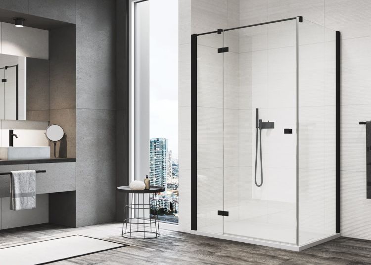 Kabina prysznicowa kwadratowa 80x80 cm w stylu Loft drzwi z elementem stałym i czarnymi profilami SanSwiss Black Line Annea AN1308000607+ANT08000607
