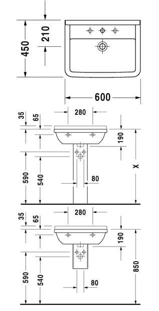 umywalka 60 cm Starck 3 Duravit rys.tech.