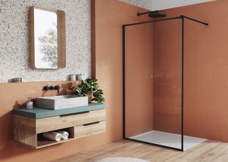 Przejdź do produktu Czarna ścianka prysznicowa 140 cm typu walk-in z czarnymi profilami SanSwiss Black Line Easy Loft STR4P1400690