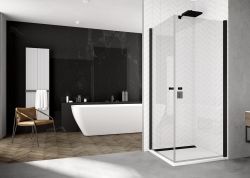 Czarna kabina prysznicowa 75x75 cm wejście narożne z czarnymi profilami SanSwiss Black Line SOL10750607+SOL10750607+V3.SOL