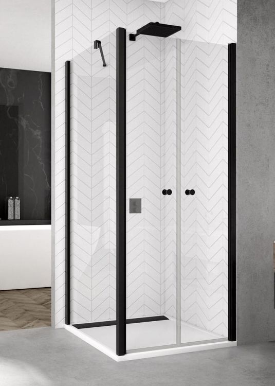 Kabina natryskowa 90x90 cm z drzwiami dwuskrzydłowymi i czarnymi ramami SanSwiss Black Line SOL209000607+SOLT209000607
