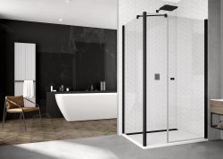Kabina prysznicowa 140x70 cm z czarnymi ramami i polem stałym w linii od strony otwierania SanSwiss Black Line SOL3114000607+SOLT307000607