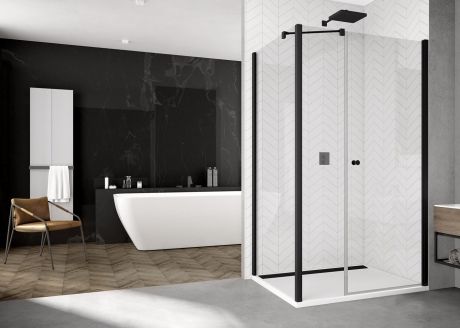 Przejdź do produktu Kabina prysznicowa 140x70 cm z czarnymi ramami i polem stałym w linii od strony otwierania SanSwiss Black Line SOL3114000607+SOLT307000607