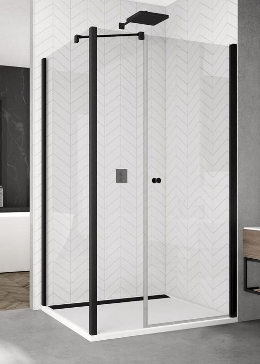 Kabina prysznicowa 140x70 cm z czarnymi ramami i polem stałym w linii od strony otwierania SanSwiss Black Line SOL3114000607+SOLT307000607