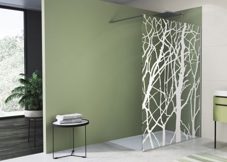 Przejdź do produktu Ścianka prysznicowa wolnostojąca 120x200 cm Sanswiss Walk-In Easy dekor drzewo STR4P1005062 chrom połysk