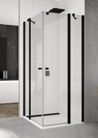 Przejdź do produktu Kabina prysznicowa 110x120 cm w czarnych ramach wejście narożne ze ściankami stałymi SanSwiss Black Line SOL1311000607+SOL1312000607
