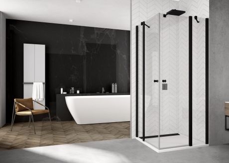 Przejdź do produktu Kabina prysznicowa 100x110 cm z czarnymi profilami wejście narożne z elementami stałymi SanSwiss Black Line SOL1310000607+SOL1311000607