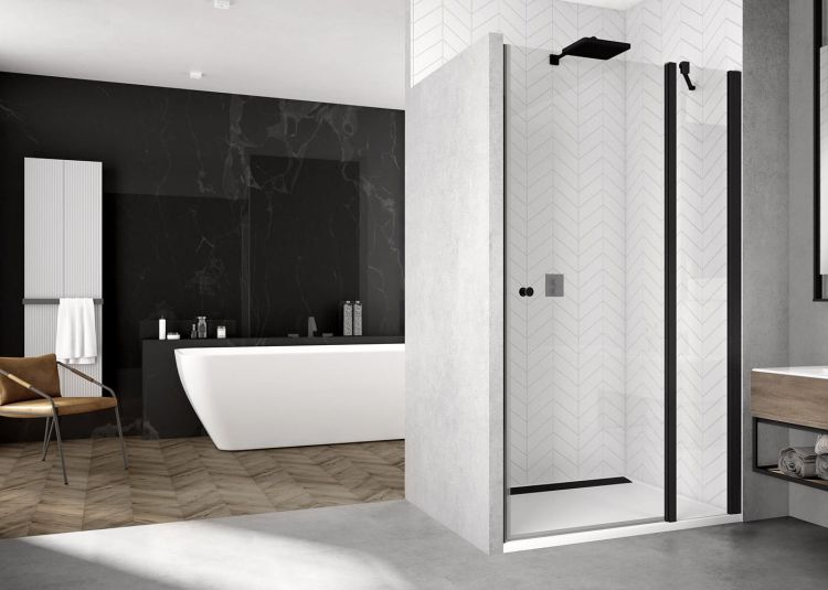 Drzwi prysznicowe 100 cm w czarnej ramie ze ścianką stałą w linii SanSwiss Black Line SOL1310000607