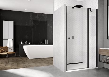 Przejdź do produktu Drzwi prysznicowe czarne 120 cm ze ścianką stałą w linii SanSwiss Black Line SOL1312000607