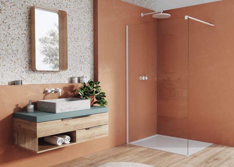 Ścianka prysznicowa 90 cm typu walk-in z białymi profilami SanSwiss White Line STR4P0900907