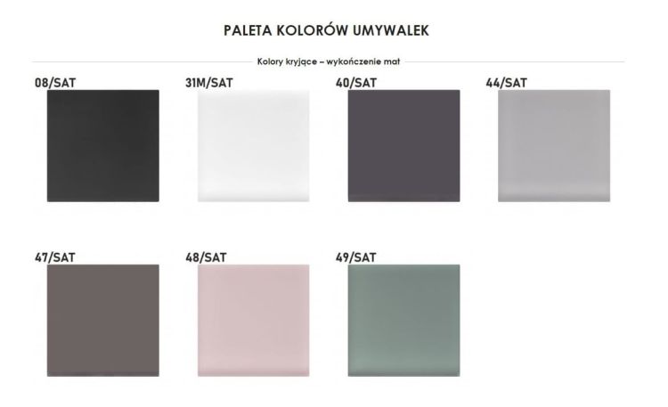 Paleta kolorów umywalek -kolory kryjące, wykończenie mat