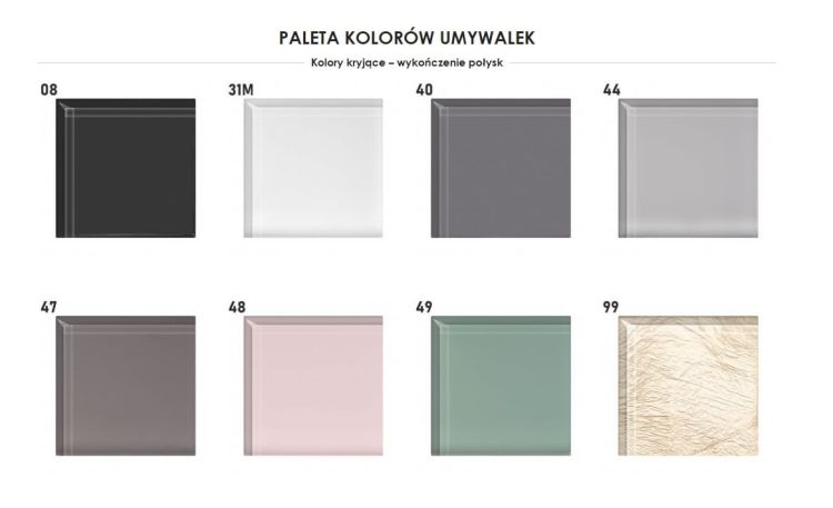 Paleta kolorów umywalek -kolory kryjące, wykończenie połysk