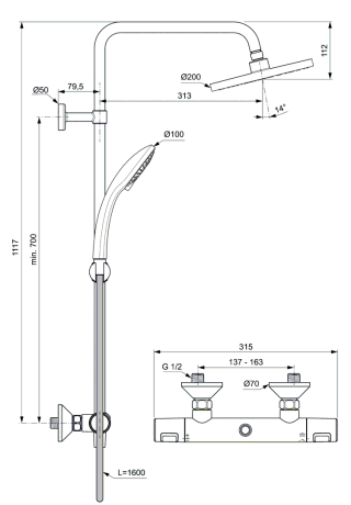 Przejdź do produktu Zestaw natryskowy ścienny kolumna z baterią termostatyczną i deszczownicą Ideal Standard Ceratherm VNAA7208