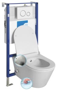 AVVA WC wiszące Rimless prysznic bidetowy, zintegrowana bateria, stelaż podtynkowy z przyciskiem Schwab, biały