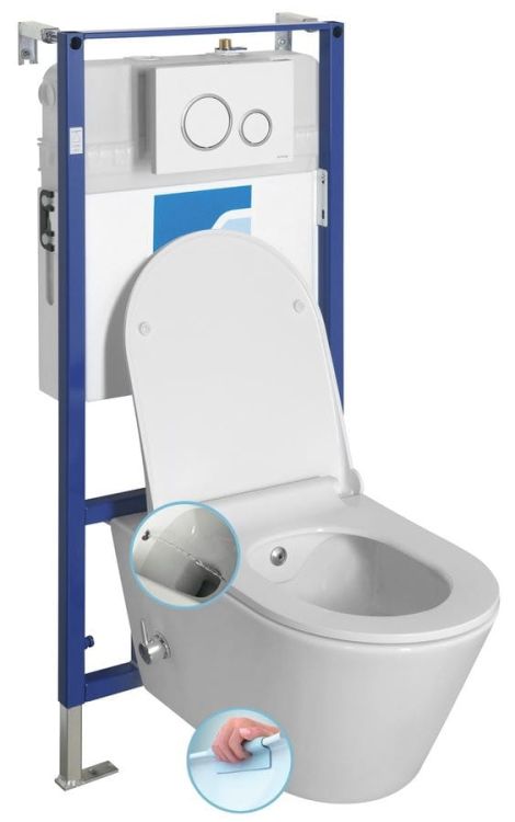 AVVA WC wiszące Rimless prysznic bidetowy, zintegrowana bateria, stelaż podtynkowy z przyciskiem Schwab, biały