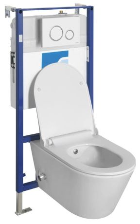 Przejdź do produktu AVVA CLEANWASH WC wiszące Rimless prysznic bidetowy, zintegrowana bateria, stelaż podtynkowy z przyciskiem Schwab, biały