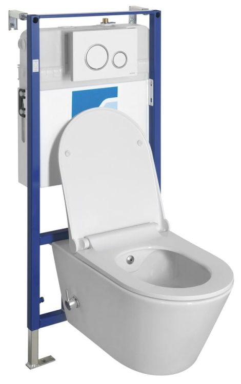 AVVA WC wiszące Rimless prysznic bidetowy, zintegrowana bateria, stelaż podtynkowy z przyciskiem Schwab, biały