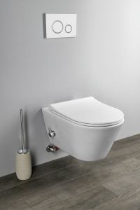AVVA WC wiszące Rimless prysznic bidetowy, zintegrowana bateria, stelaż podtynkowy z przyciskiem Schwab, biały