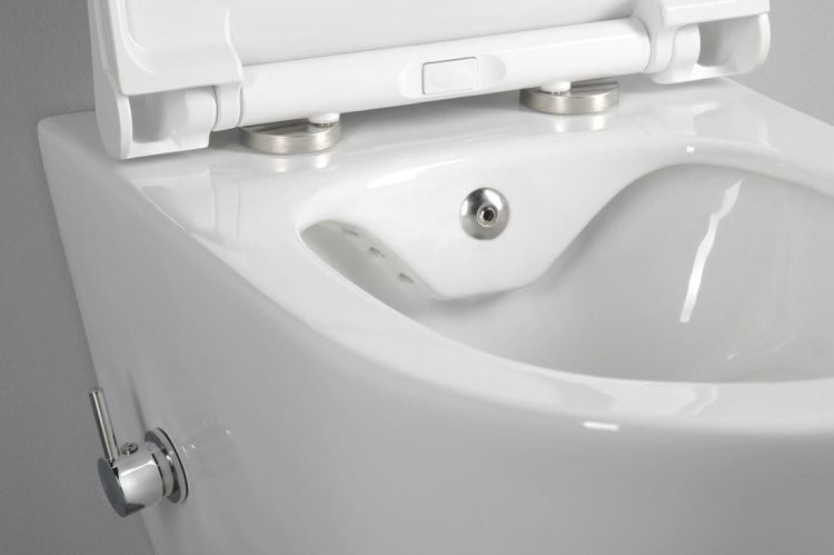 AVVA WC wiszące Rimless prysznic bidetowy, zintegrowana bateria, stelaż podtynkowy z przyciskiem Schwab, biały