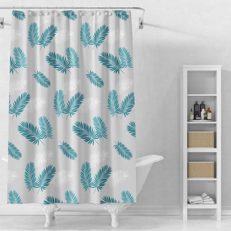 Przejdź do produktu Zasłonka prysznicowa 180x180cm, winyl, szare, zielone liście