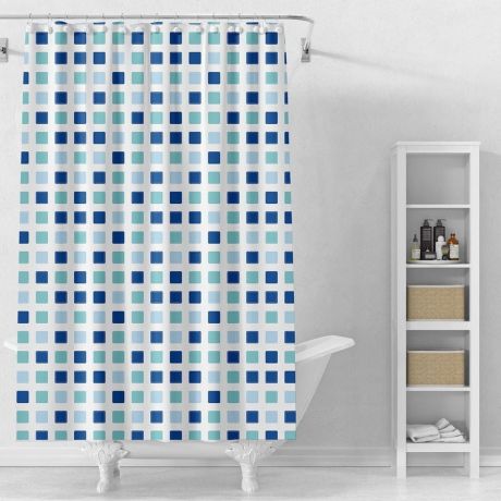 Przejdź do produktu Zasłonka prysznicowa 180x180cm, winyl, białe, niebieskie kostki